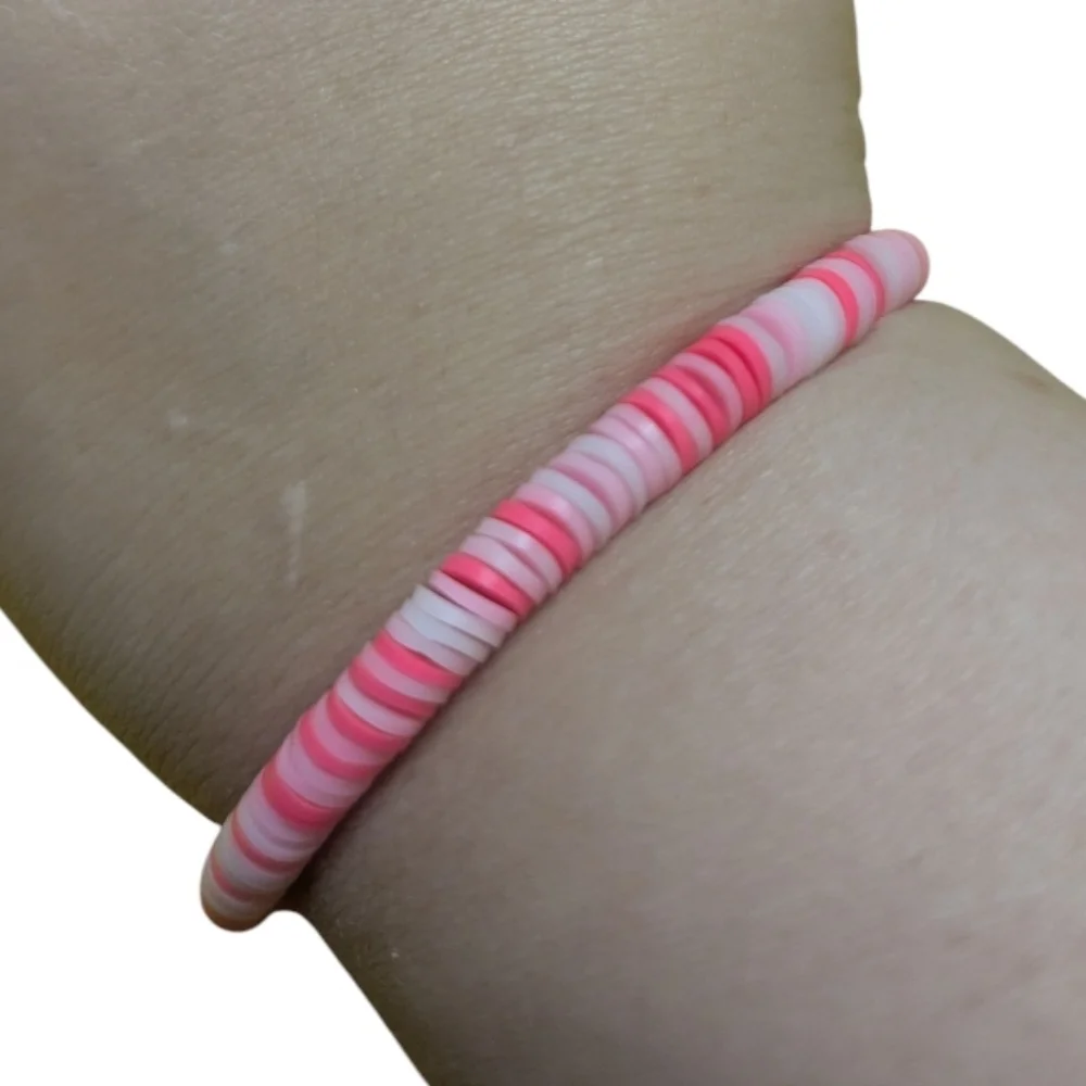 Handmade Bracelet Clay Beads Pink White Hand Crafted Stretchy NEW